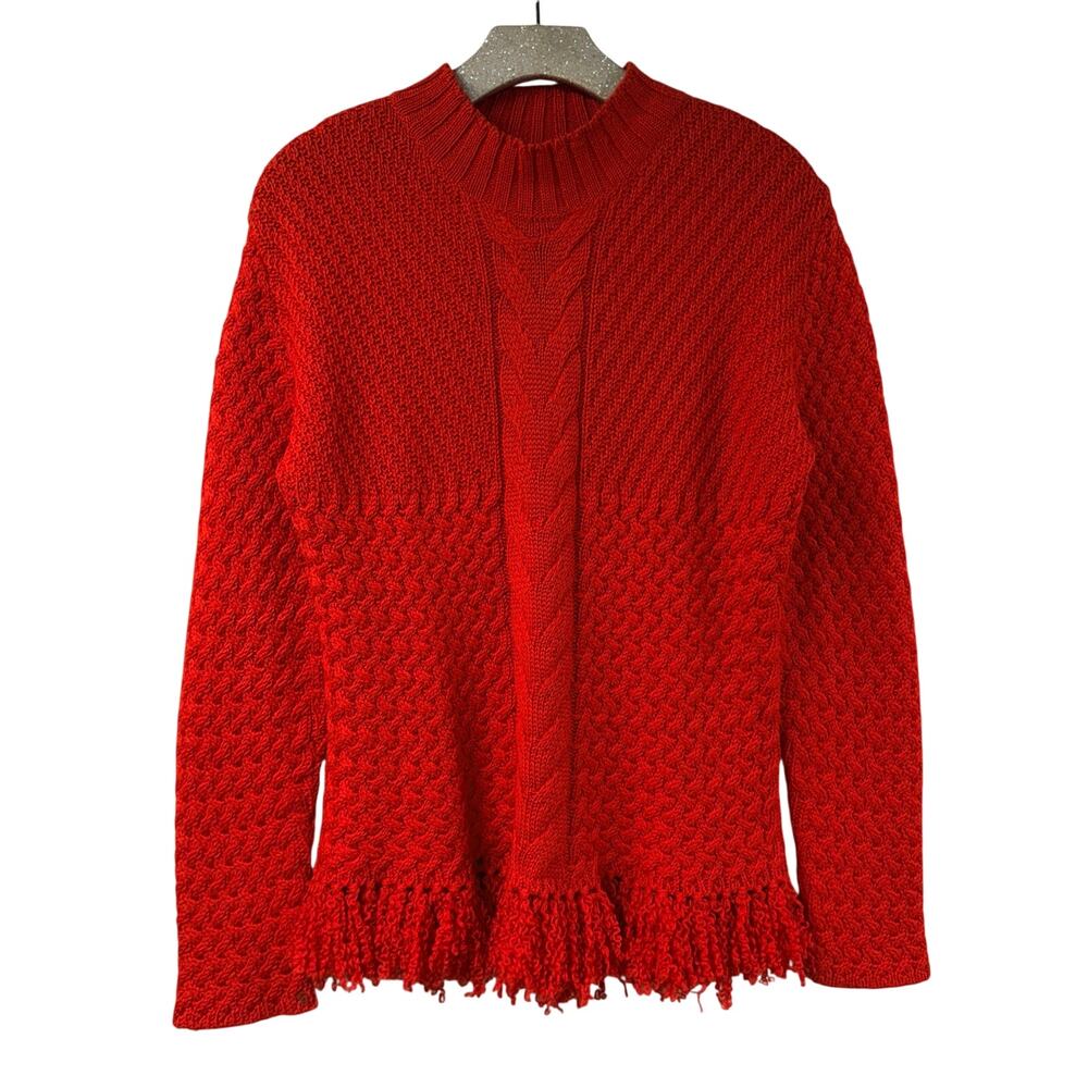 Alpaca 111 Red Sweater Woven Curly Fringe Large 100% Baby Alpaca